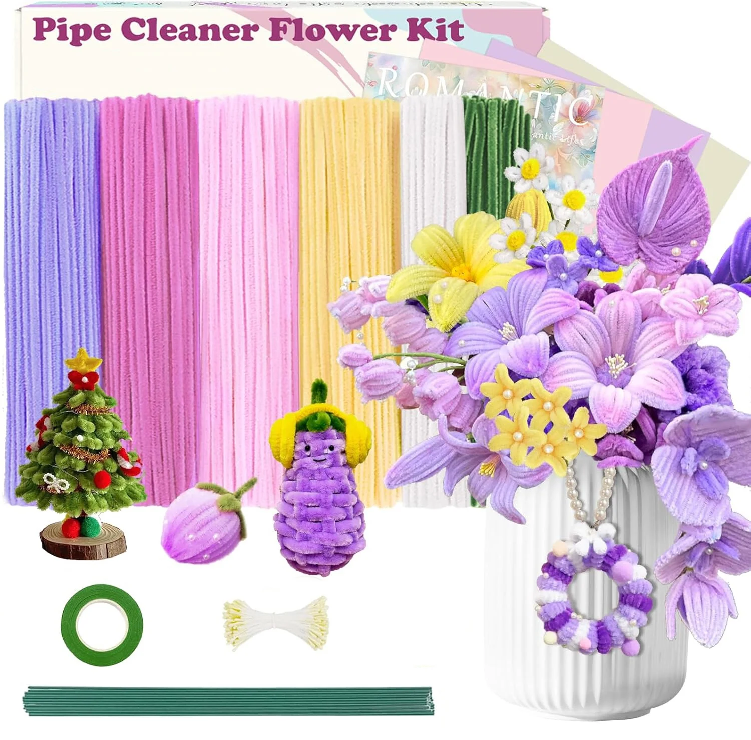 500 Stück Pfeifenreiniger Blumenset, 20 Stück grüne Blumendrähte, 1 Stück Gartenband, 150 Stück Staubblatt, Rohrreiniger Basteln Image