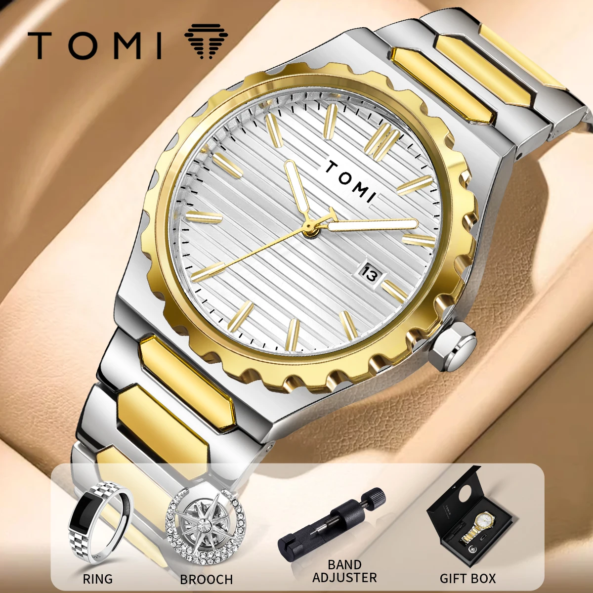 Tomi neue 4pcs Luxus Männer Uhr Geschenkset hochwertige Stahlst reifen gestreifte Zifferblatt Kalender Männer Quarzuhr Uhr Geschenke reloj Image