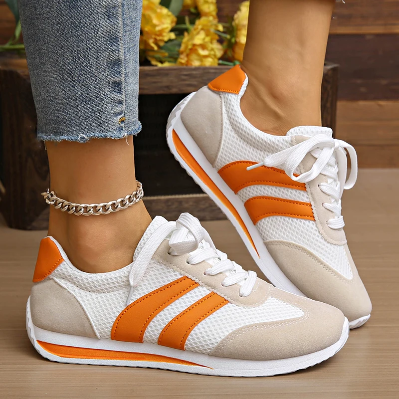 Leichte, modische Damen-Sneaker, bequem, rutschfest, lässig, Sportschuhe, Damen, orange, gestreift, Mesh, atmungsaktiv, Plateau-Sneaker