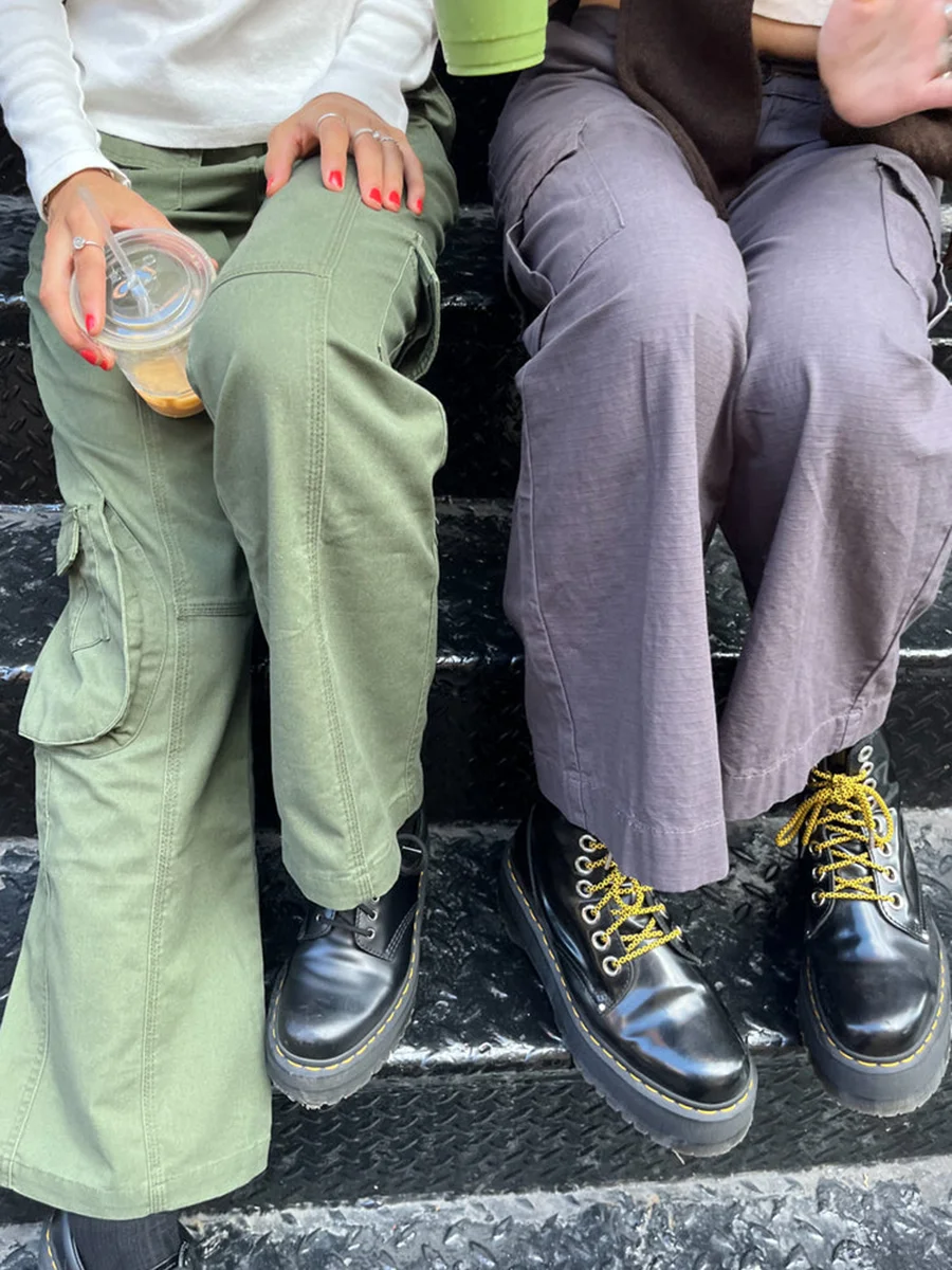 Vintage Casual Grün Cargo Hosen Frauen Frühling Feste Einstellbare Elastische Hohe Taille Gerade Hosen Retro Streetwear Y2k Hosen