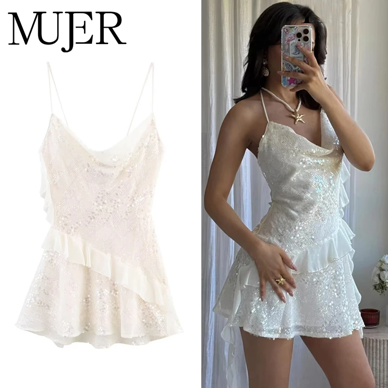 MUJER 2025 Pailletten-Minikleid für Damen, sexy Slip-Partykleider für Damen, Sommer, rückenfrei, Damenkleid, Träger, Strand, kurze Kleider Image