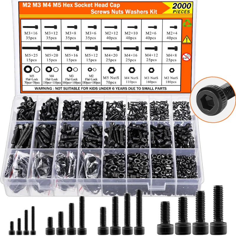 2000 Stück metrische Schraube, Mutter, Bolzen, Unterlegscheiben-Set, M2, M3, M4, M5, 12,9 legierter Stahl, schwarzer Innensechskant, Maschinenschrauben-Sortiment Image