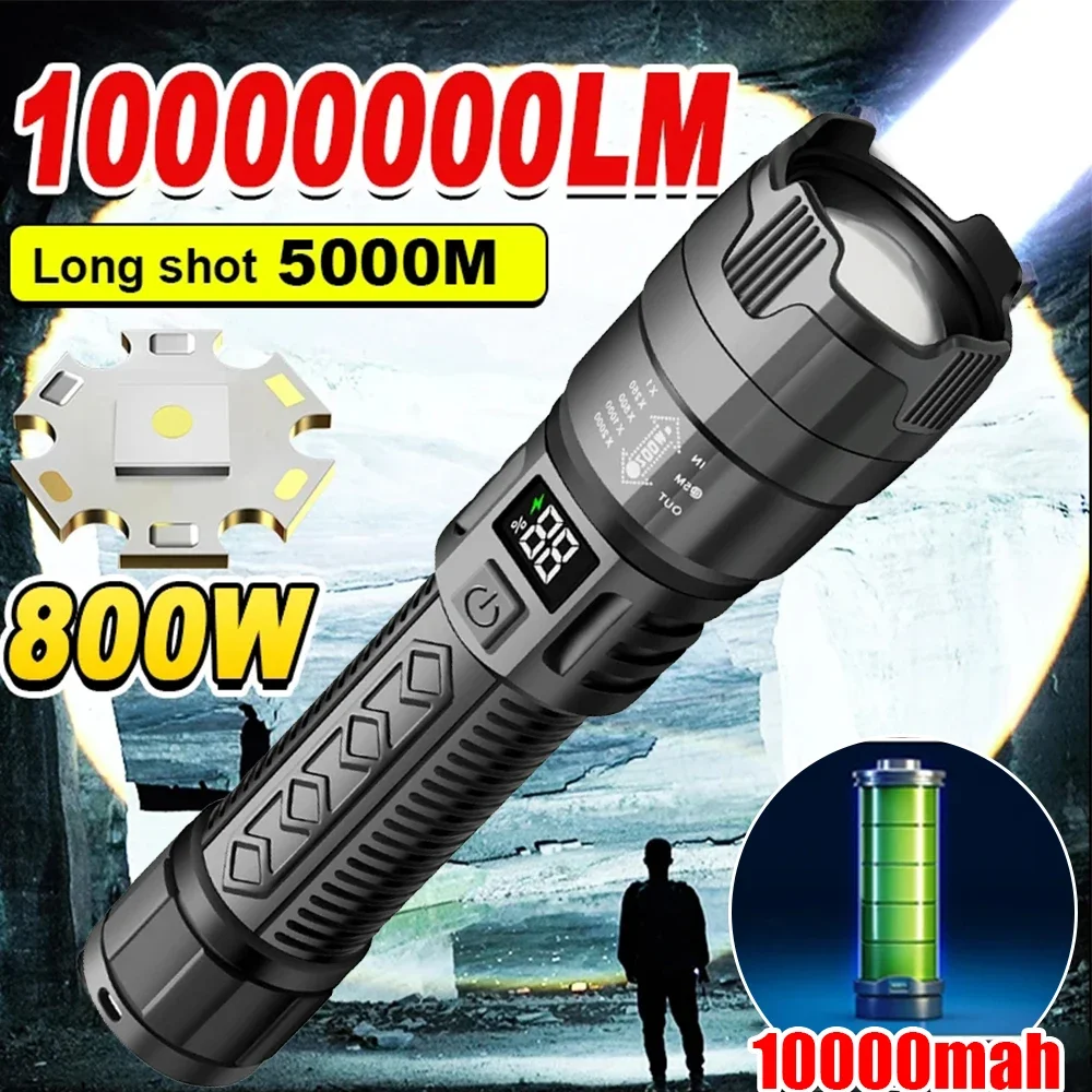 Hochstarke LED-Taschenlampen, 2000 lm, taktische Taschenlampe mit Display-Licht, USB-Aufladung, Camping, Angeln, Notfall-Zoom-Laterne Image