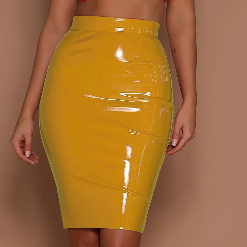 Frauen PU Leder Bodycon Rock Gothic Schwarz Wet Look Rot Gelb Midi Rock Hohe Taille Damen Sexy Dünne Bleistift Mini Rock