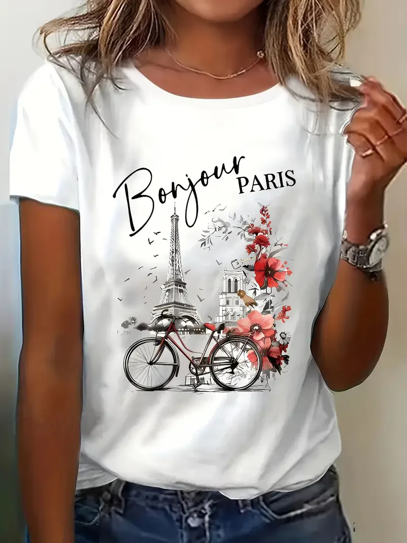 Mode Bonjour Paris Text Druck Kurzarm Gedruckt T Shirt Casual Kleidung frauen T-Shirt Grafik Kleidung Top T