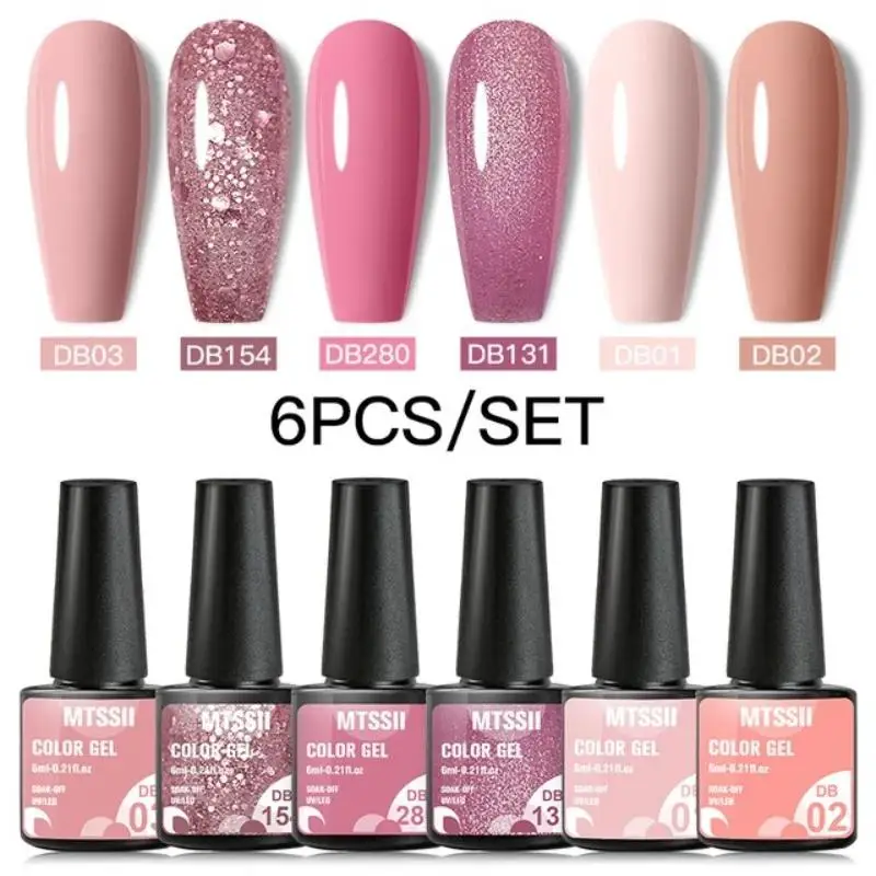 Mtssii 6-teiliges Set Rosa Glitzer-Gel-Nagellack Set Pailletten Semi-Permanent Basis Matt Top Coat Soak-Off LED UV Nagelkunst Gel-Lack Image