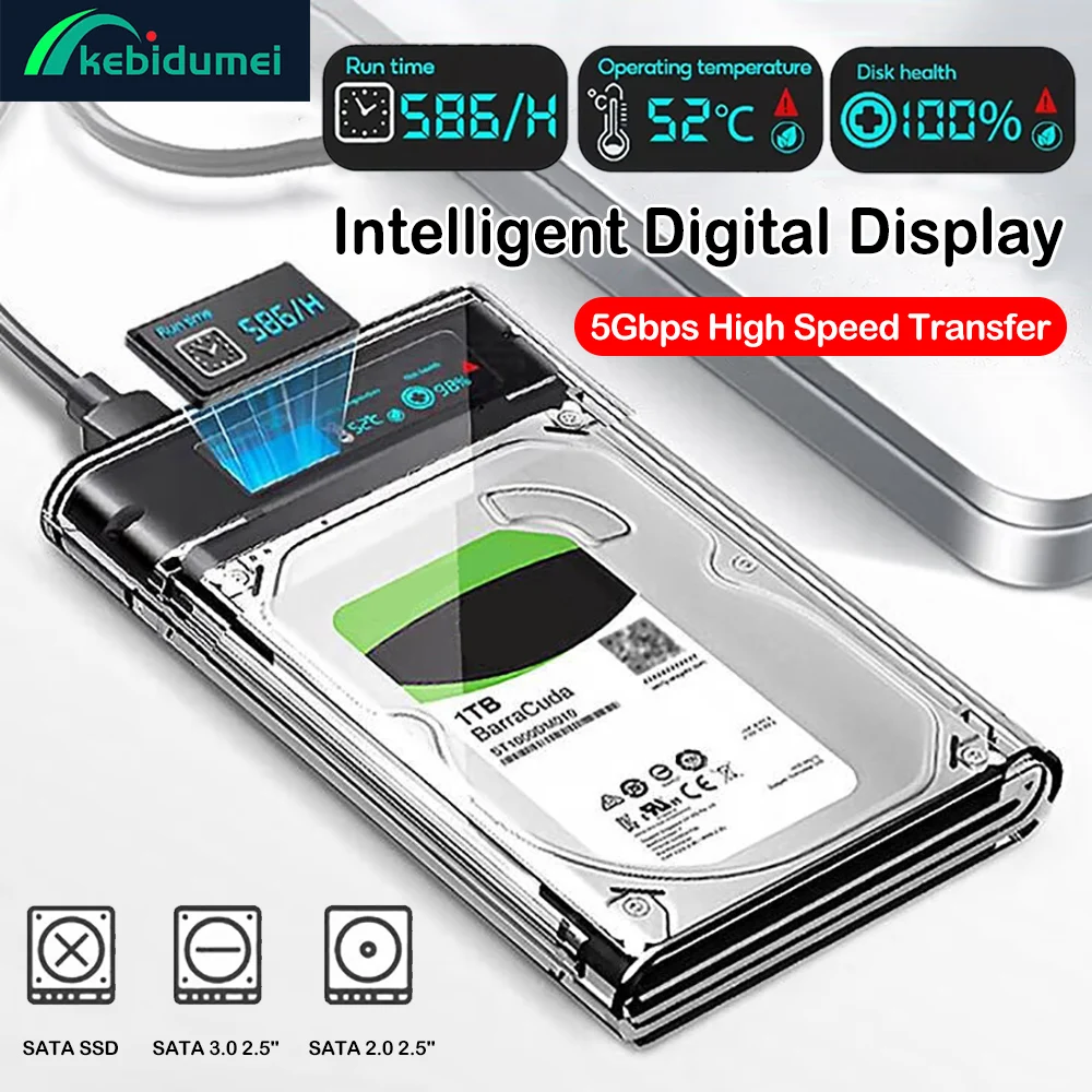 Transparentes, intelligentes Digitalanzeige-HDD-Gehäuse, 2,5 Zoll SSD, SATA auf USB 3.0 SSD-Adapter, externe Festplattenbox, werkzeugfrei Image