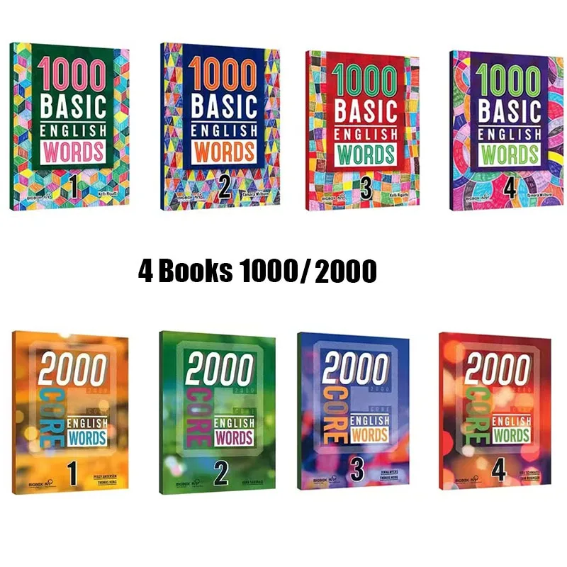 4 Bücher 1000/2000 Kern Englisch Wörter Grundschule gemeinsame Englisch Vokabular Wörterbuch Buch für Kinder 5-12 Jahre alt