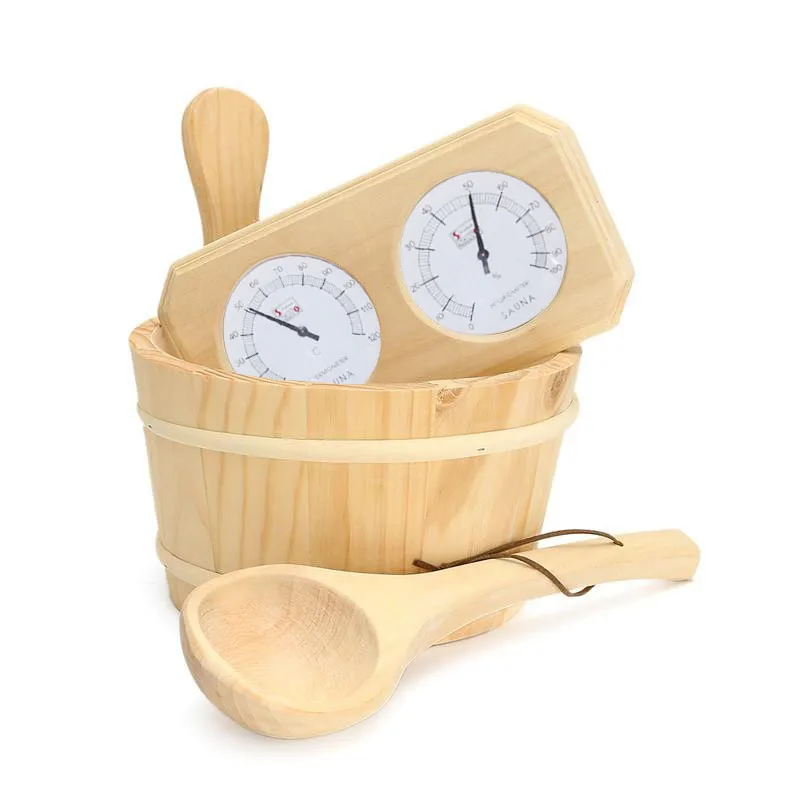 Thermometer Hygrometer + Schöpflöffel + Eimer 3 Stück/Set Sauna-Zubehörset aus Kiefernholz 20-140 °C