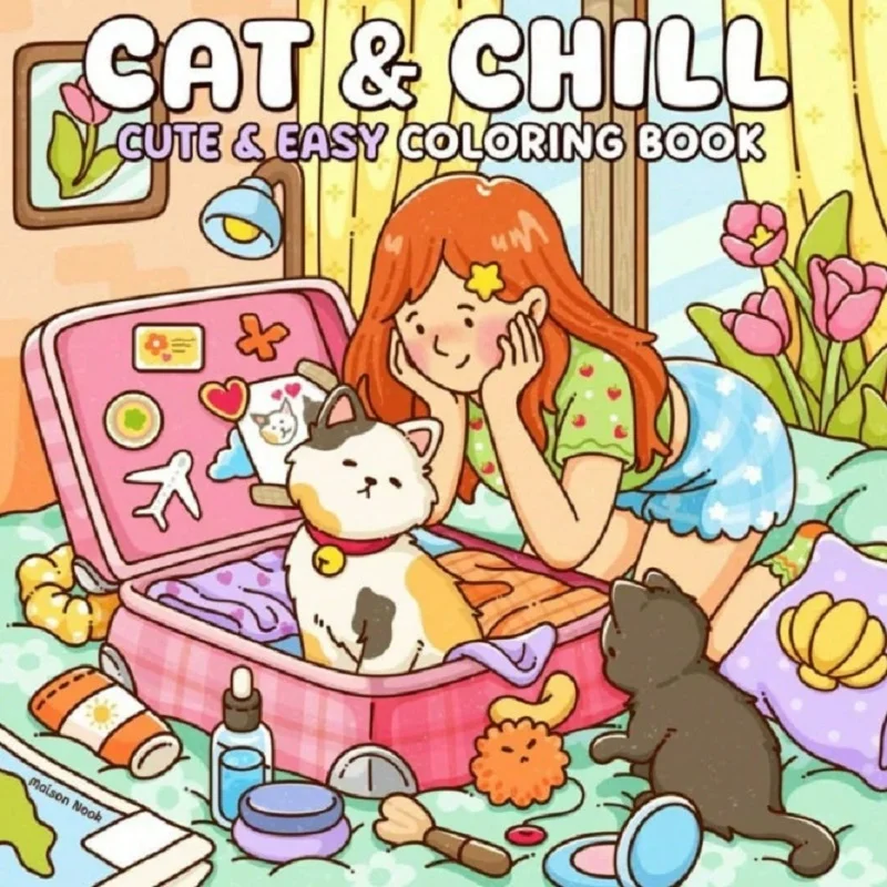 Katze und Mädchen, süßes, einfaches Malbuch für Erwachsene, Stressabbau-Zeichenbuch, perfektes Geschenk für Party, Geburtstag und Weihnachten Image