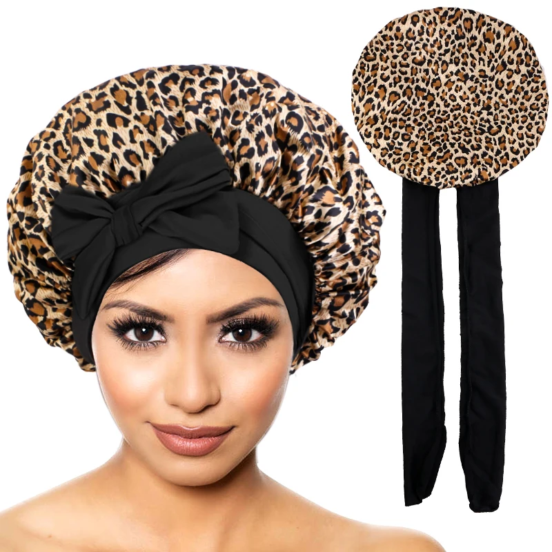 Neue Satin-Mütze zum Schlafen, lockiges Haar, Schlafmütze, seidige Nachtmütze für Frauen, große seidige Schlafmütze mit Krawatte Image