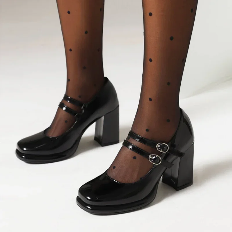 2024 neue Lack leder Doppels chnalle runder Kopf 8cm dicke Ferse Lederschuhe Verkäufer schwarze Schuhe große Größe 34-48 Damen Pumps