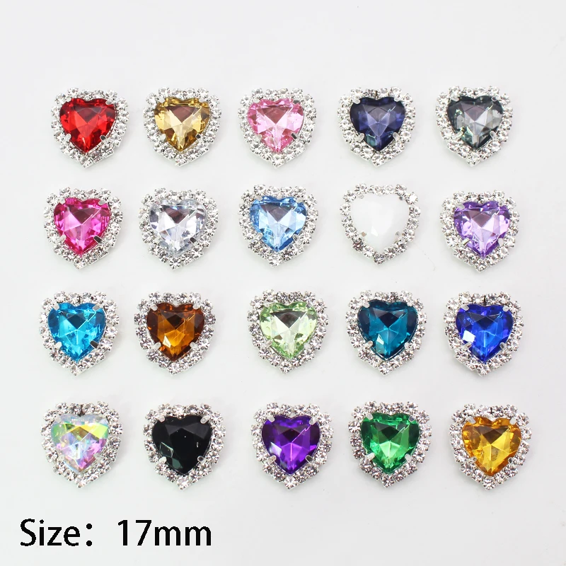 10 teile/los 17 MM Silber Metall Herz-förmigen Mixed Acryl Strass DIY Tasten Für Hochzeit Dekoration Nähen Kleidung Tasten Image