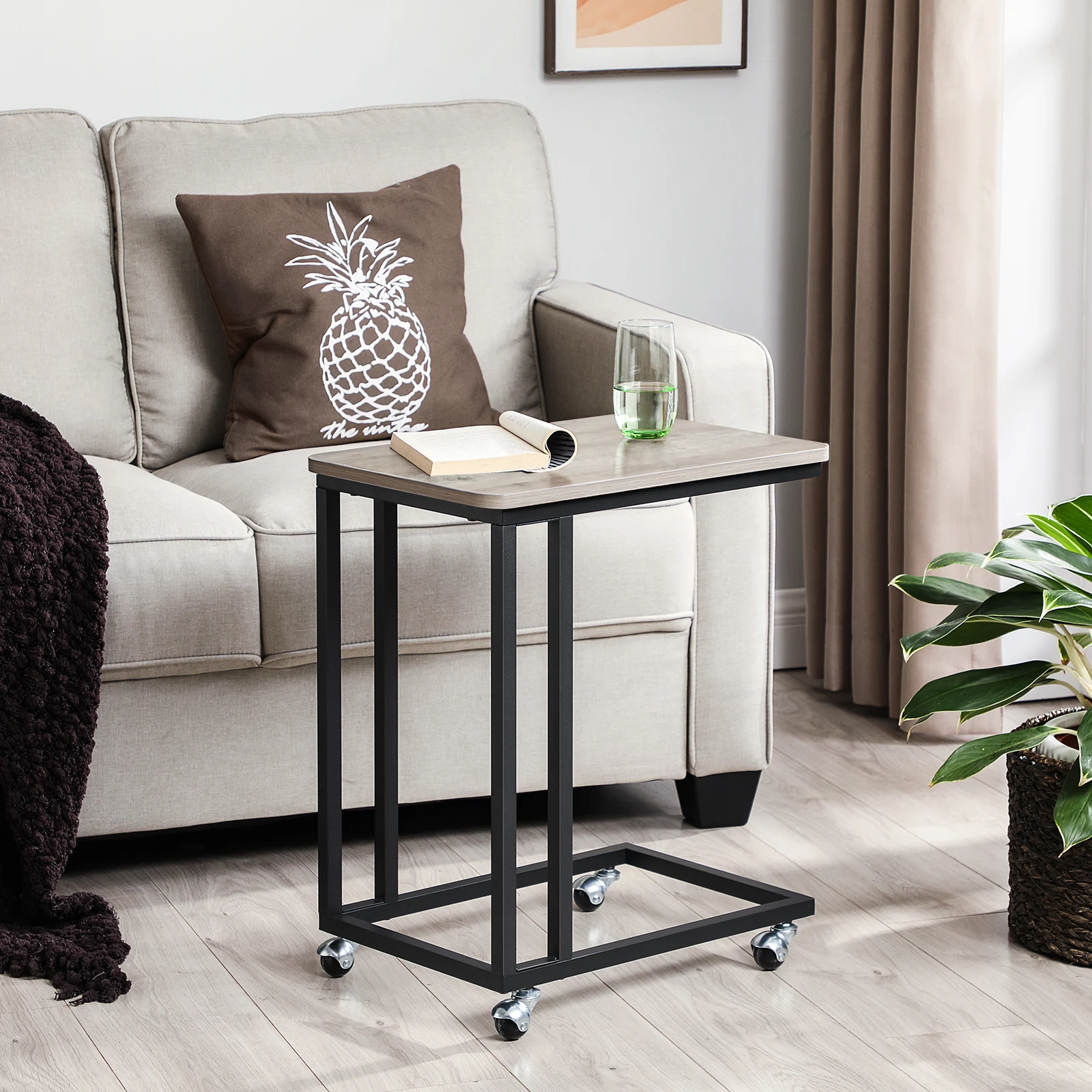 VASAGLE Beistelltisch, Sofatisch mit Rollen,C-Form, mobiler Kaffeetisch, für Kaffee und Laptop, Industrie-Design, greige-schwarz Image