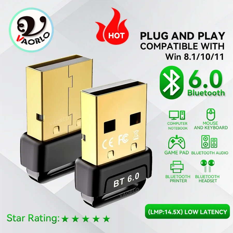 USB-Bluetooth-6.0-Adapter (LPM: 14,5x) mit Bluetooth-5.4-Dongle (13,x) für Windows-PCs (Windows 11/10/8.1). Bluetooth-Empfänger/Sender für Tastatur, Maus, Lautsprecher, Drucker und Kopfhörer. Image