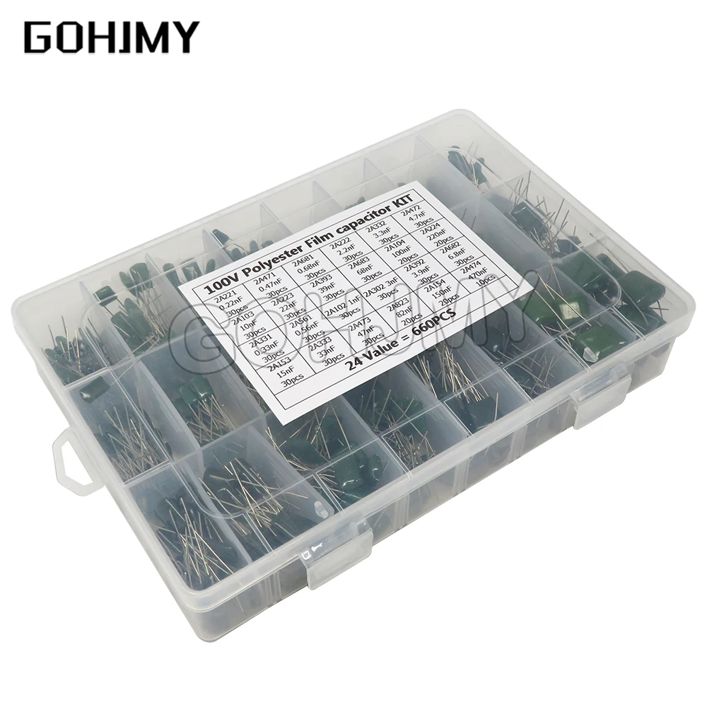 660 teile/los 24 wert kondensator kit 100 v 2a221j zu 2a474j polyester film kondensator sortiert kit 0,47 nf 0,68 nf 1nf 2,2 nf kondensatoren Image