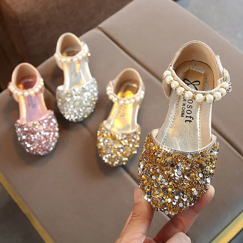Sommer Mädchen Schuhe Perle Mary Janes Wohnungen Fling Prinzessin Schuhe Baby Tanz Schuhe Kinder Sandalen Kinder Hochzeit Schuhe Gold