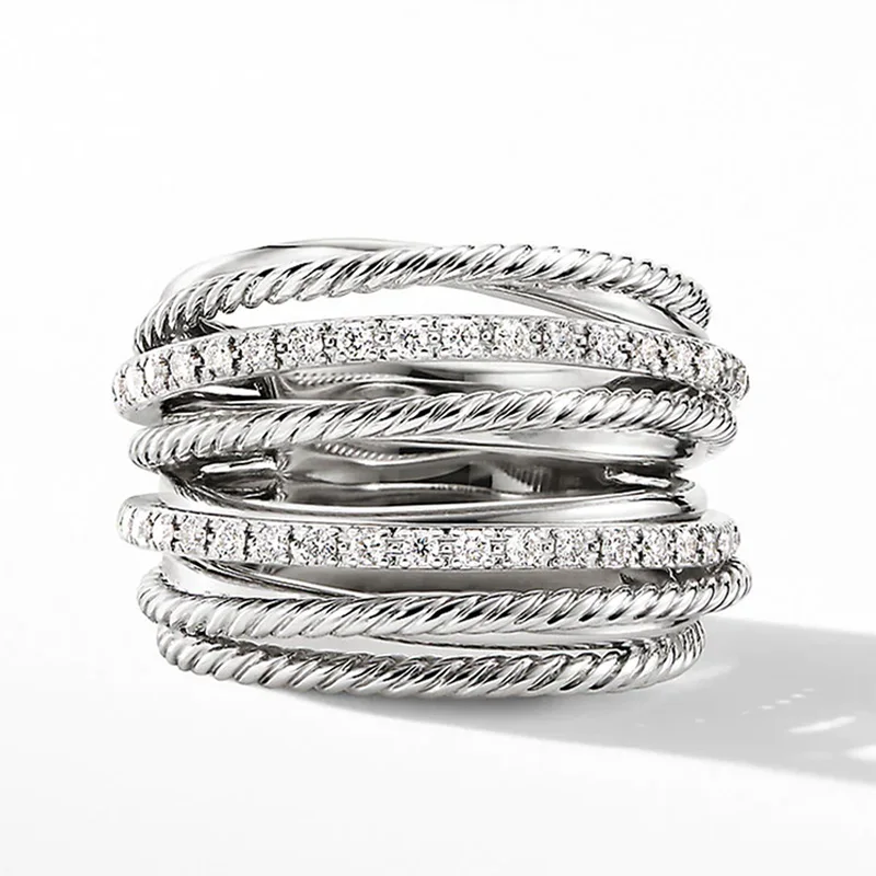 Huitan Silber Farbe Mehrere Reihe Ringe Glänzende CZ Metallic OL Stil Büro Dame Vielseitige Finger Ringe für Frauen Mode Schmuck Image