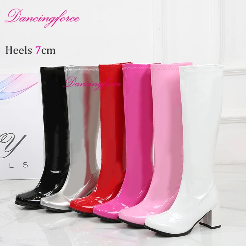 Rot-Weiß-Rosa Lackleder Kniehohe Stiefel 60er 70er Go-Go-Stiefel Damen Blockabsatz GoGo Party Kleid Schuhe Quadratische Spitze Image