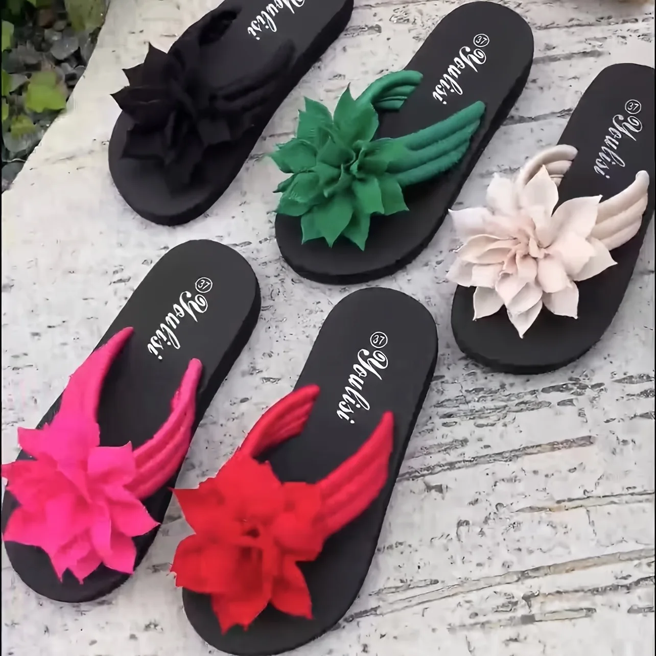 Damen-Flip-Flops mit Blumenmuster, Slip-On, Urlaubsstil, Sandalen mit mittlerem Absatz, Stoffobermaterial, EVA-Sohle, Einlegesohle, einfarbig, Sommer-Freizeitschuhe Image