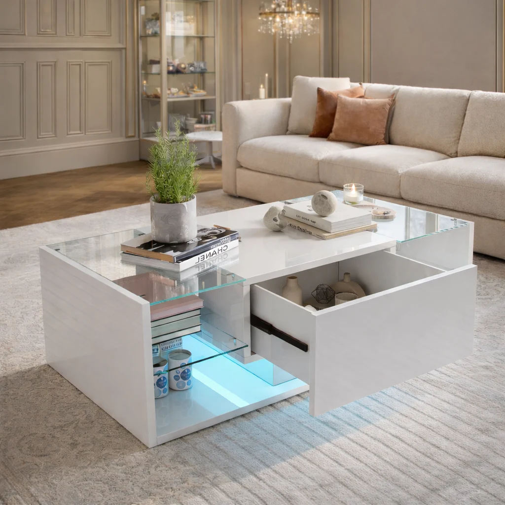 Hochglanzlackierter Couchtisch mit Stauraum, Wohnzimmertisch aus Glas mit LED-Beleuchtung, moderner Beistelltisch mit offenem Fach und Schubladen, rechteckiger Couchtisch/Sofatisch für Wohnzimmer oder Büro, 100 x 50 x