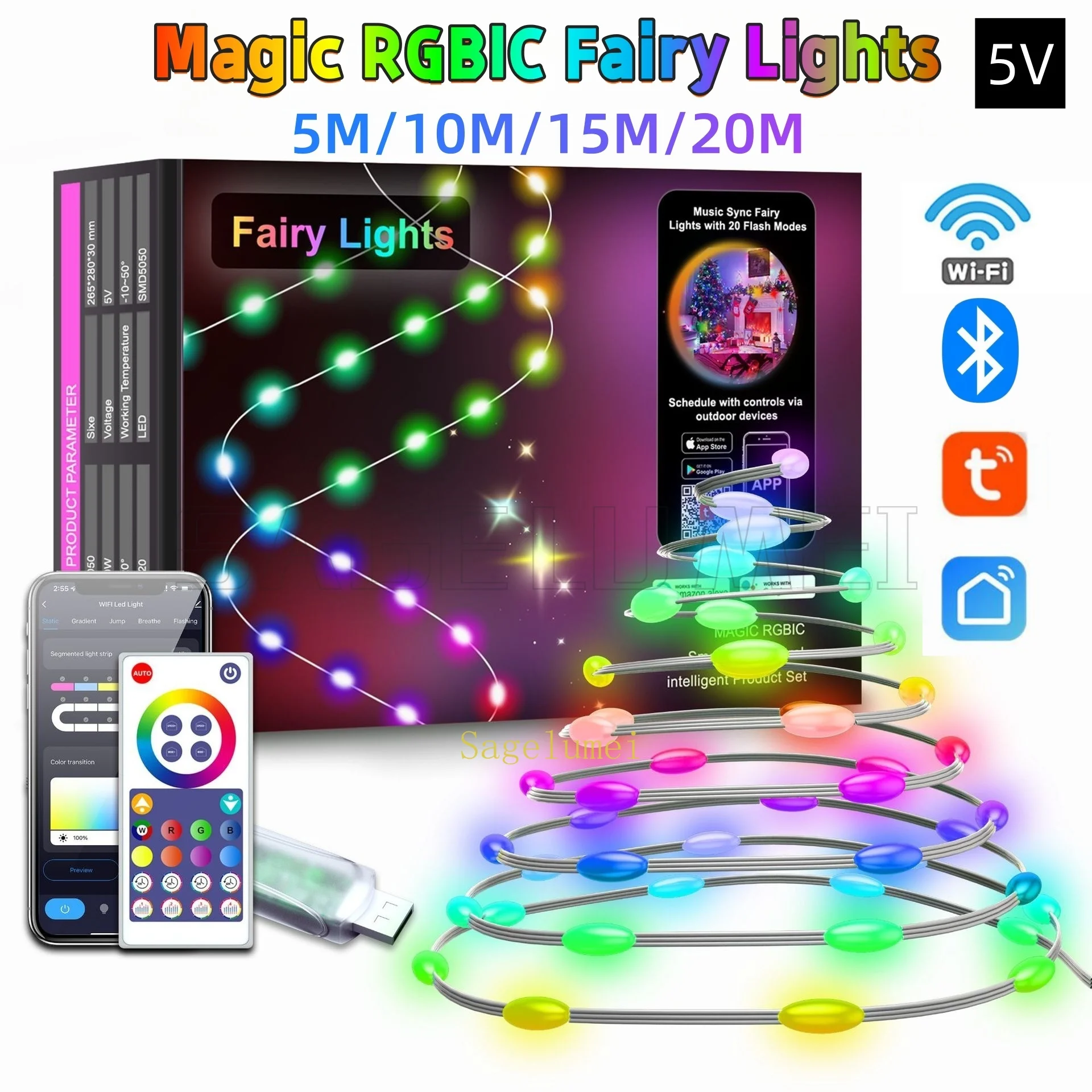 LED-Lichterkette, Bluetooth, USB, 5 V, Tuya WiFi, 5/10/15/20 m Verbindung, Weihnachten, Geburtstag, Party, Girlande, Dekor, Lichterkette für Zuhause