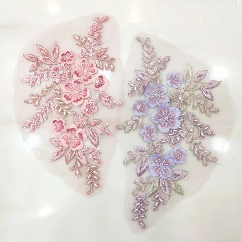 1 paar Net garn hand genäht perlen auf blume diy stickerei spitze applique kleidung hochzeit kleid zubehör Image