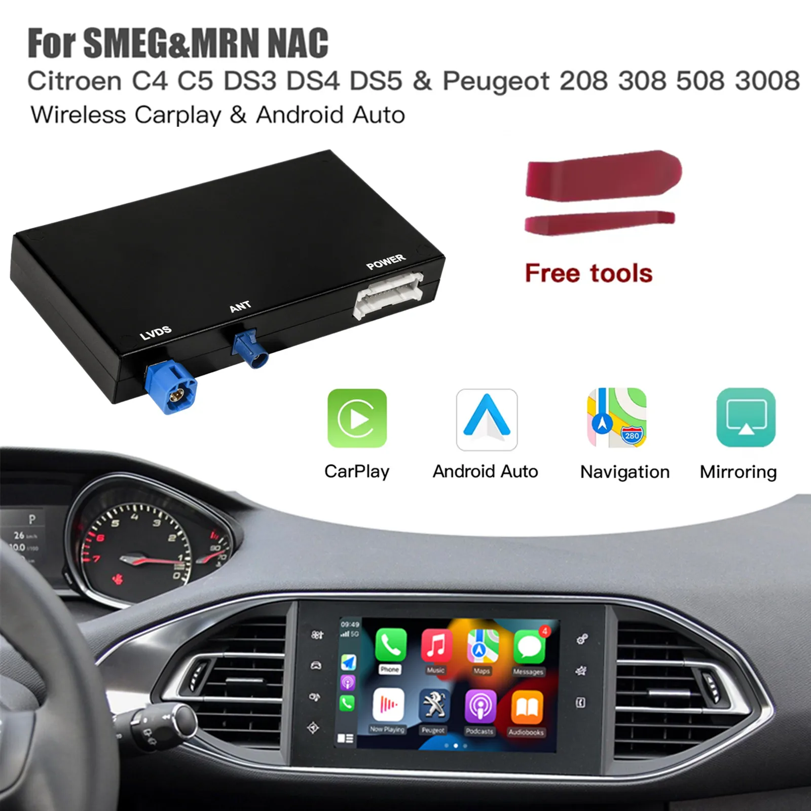 CARABC Drahtlose Carplay-Box für Peugeot Citroen SMEG SMEG+ Picasso C4 C5 DS4 DS3 308 508 208 3008 Android Auto AirPlay Modul Image