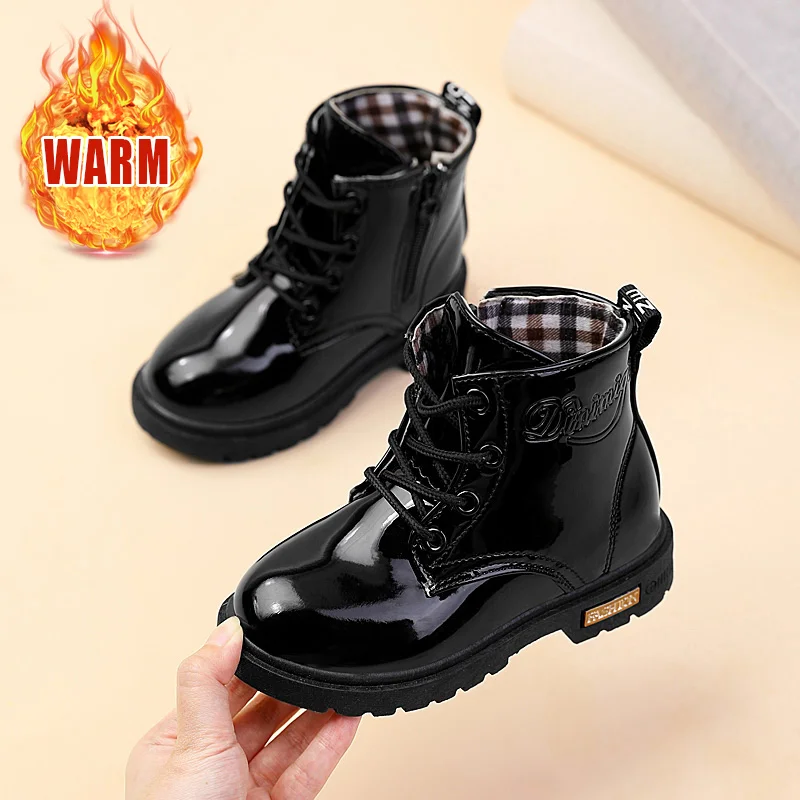 2025 neue Winter Kinder Schuhe PU Leder Wasserdichte Plüsch Stiefel Kinder Schnee Stiefel Marke Mädchen Jungen Casual Stiefel Mode Turnschuhe Image