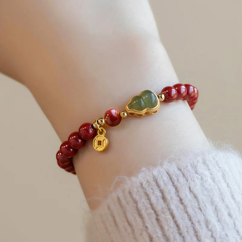 Glückliche Nachahmung von Hotan Jade Zinnober Rot Gold Farbe Perle Naturstein Perlen Armband für Frauen Armband Party Glück Geschenk Image