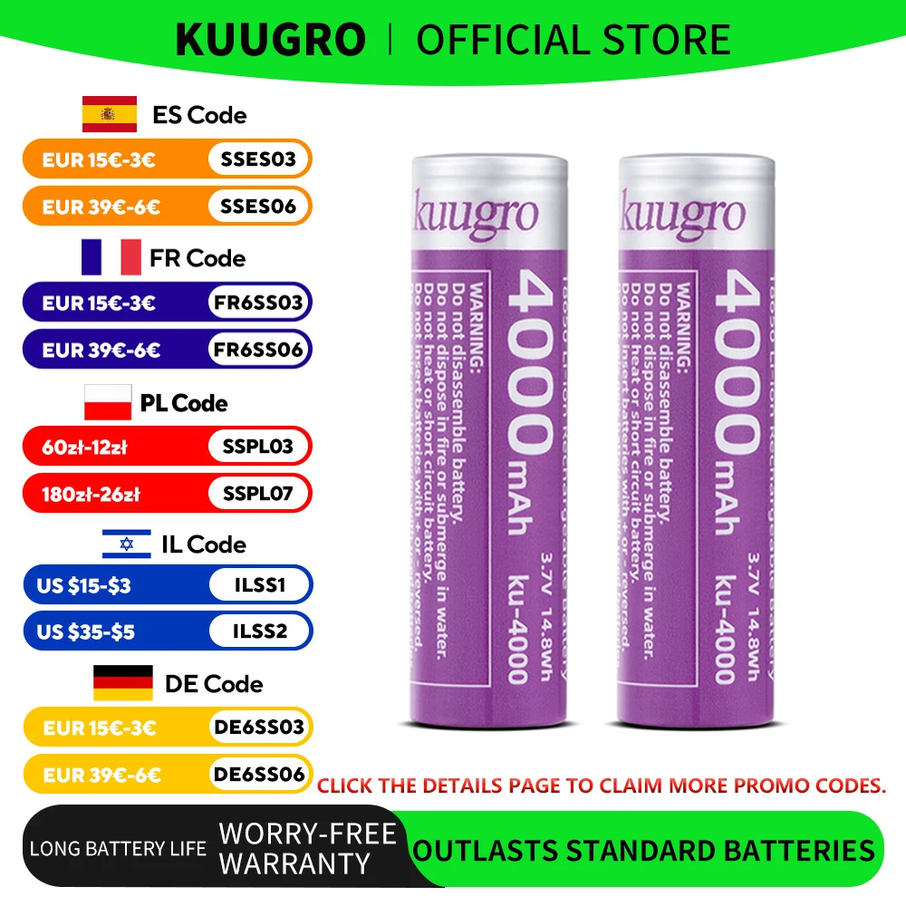 Kuugro ku-4000 18650 Batterie 4000 mAh 3,7 V 12A Entladen Wiederaufladbare Batterien Für Akkus Power Tool Taschenlampe Fan Image
