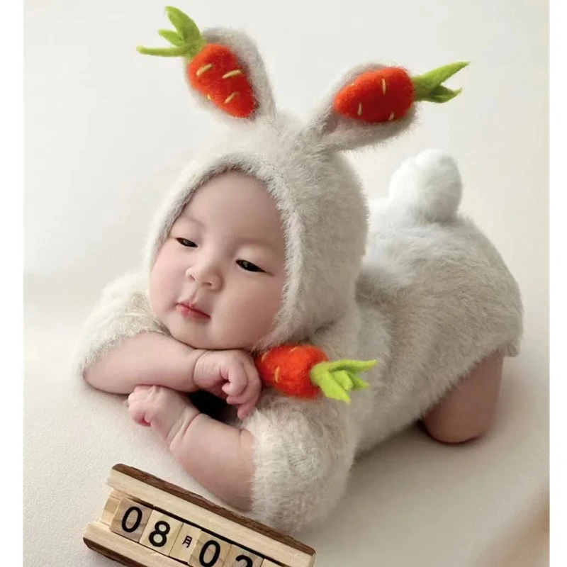 Neugeborenen Niedliche Kleine Kaninchen Set Neugeborenen Fotografie Requisiten Baby Mädchen Junge Einfarbig Kaninchen Set Fotografie Requisiten Zubehör Image
