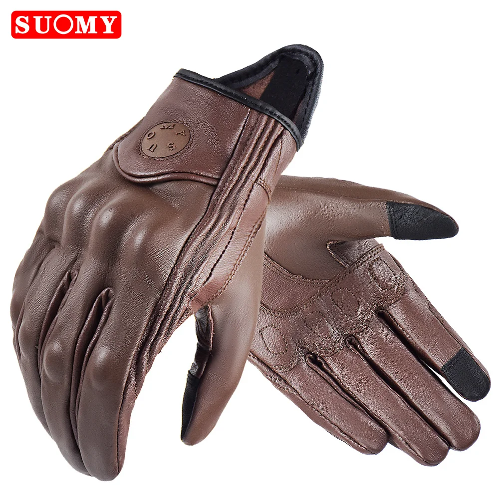 Suomy Vintage Ziegenleder Motorradhandschuhe Sommer Herren Braun Retro Leder Motorrad Motocross Handschuh Dame Motorradfahrer Guantes Image