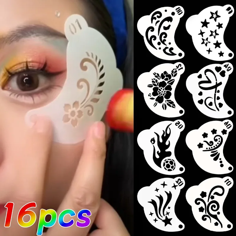 16 Stück Gesichtsmalerei-Vorlage, Make-up für Kinder, wiederverwendbare Gesichtsbemalungsschablonen, Kunststoff, Cartoon-Blume, Herz, Körper, Tattoo-Kunst Image