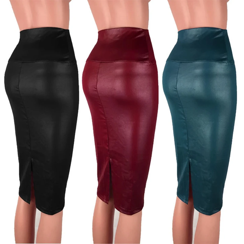 Matte PU Imitation Leder Rock Frauen High-taille Bodycon Schlanke Lange Röcke Vintage Büro Dame Bleistift Rock Club Party Image