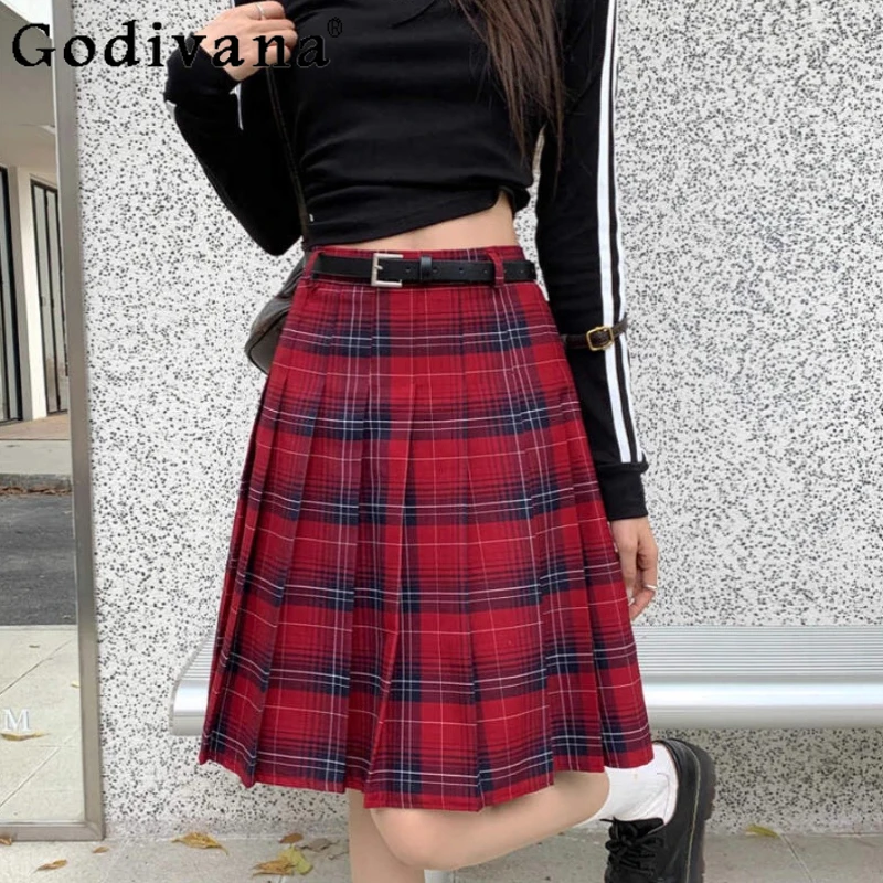 Große Größe L-4XL Retro Rot Plaid Mode Vielseitig Falten Rock Mädchen Frühling Sommer College Jk Hohe Taille A-linie Lange Röcke