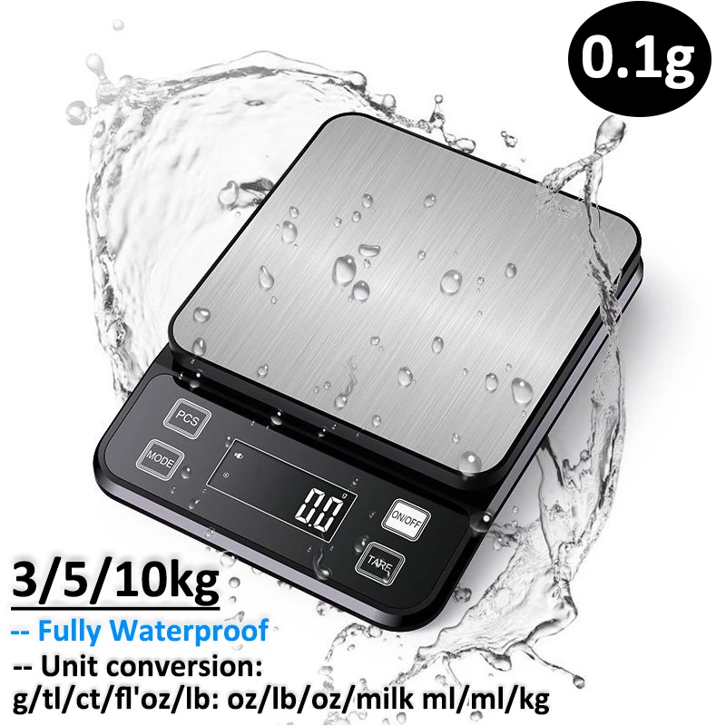 3/5/10 kg 0,1 g Digitale Elektronische Küchenwaage LCD-Display Vollständig wasserdichter Edelstahl Messen Wiegen Backwerkzeug Image