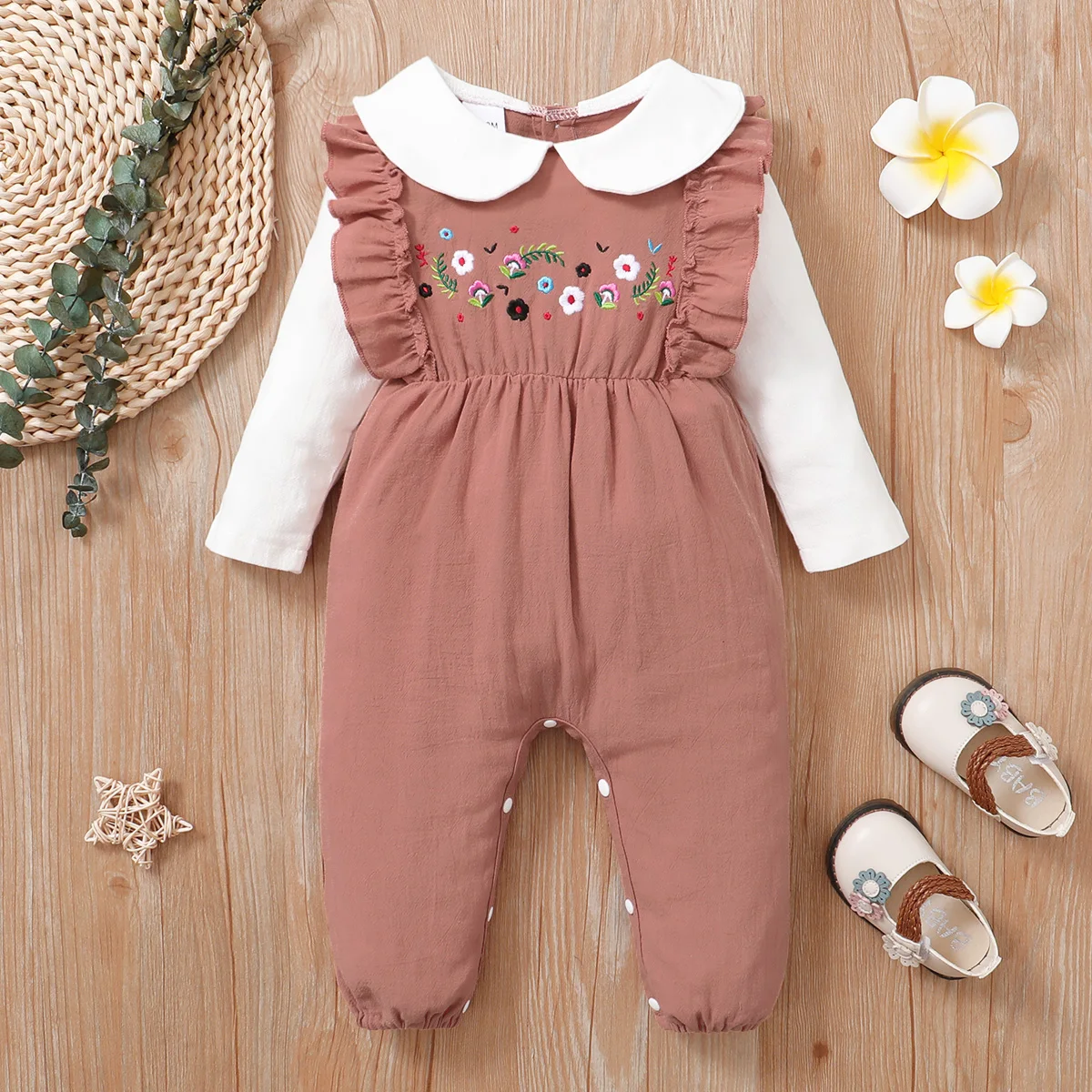 Neugeborenes Baby aus reiner Baumwolle mit Blumenmuster, farbblockiert, bequemer Langarm-Body für 0–18 Monate, Krabbelanzug für Damen Image