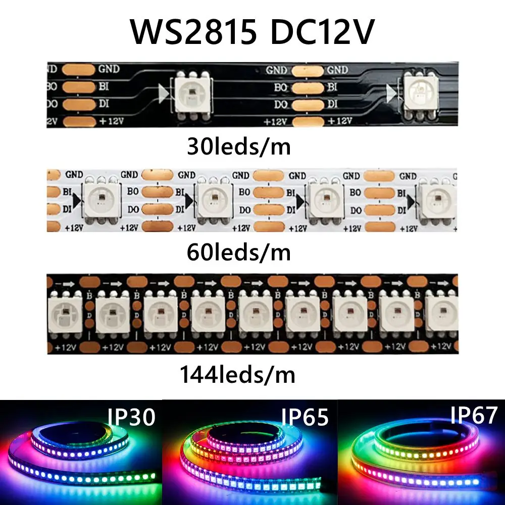 DC12V WS2815 LED-Streifenlicht (WS2812B WS2813 aktualisiert) 5050 RGBIC Individuell adressierbare LED-Leuchten 30/60/144 LEDs/m IP30 65 67 Image