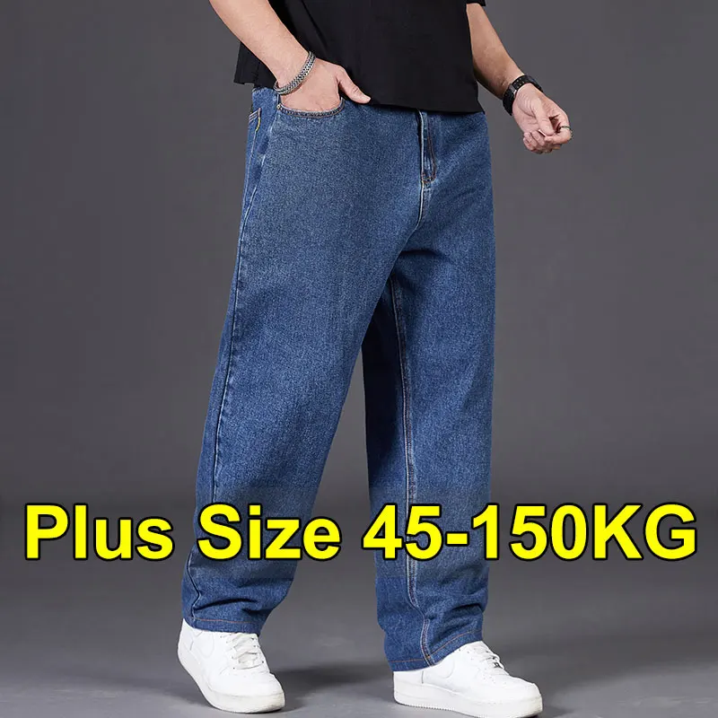 Herbst Dünne Denim Jeans Männer Plus Größe Lose Gerade Bein Sport Hosen Fat Guy Elastische Lange Trendy Hosen Schwarz Grau Blau Jeans