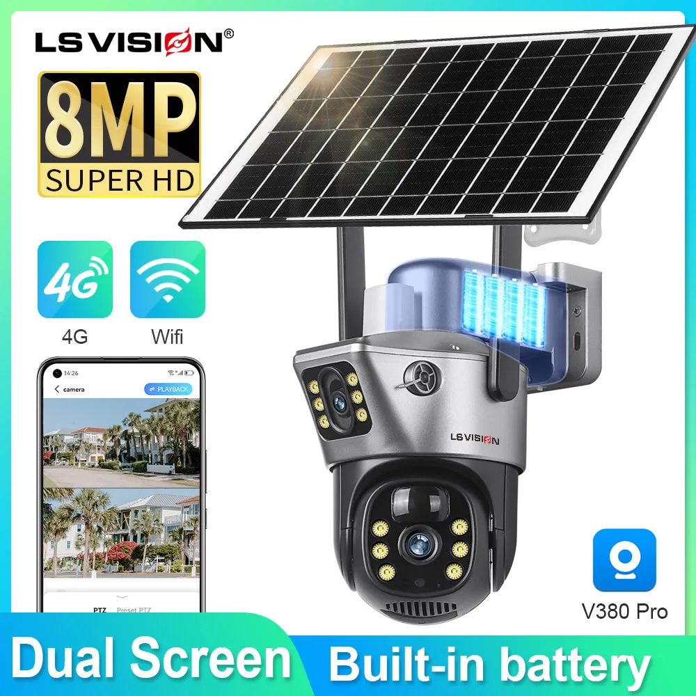LS VISION Solarkamera 4G Sim Outdoor Dual Lens WiFi 8MP 4K IP Camara Solarpanel CCTV Sicherheit Eingebaute Batterie PIR Cam V380 Image