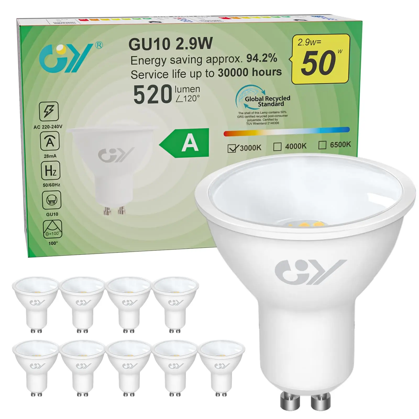 GY LED-Glühbirne GU10 2,9 W 520 Lumen 50 W Halogen-Ersatz 100 ° Breiter Strahl der Klasse A, nicht dimmbar Image