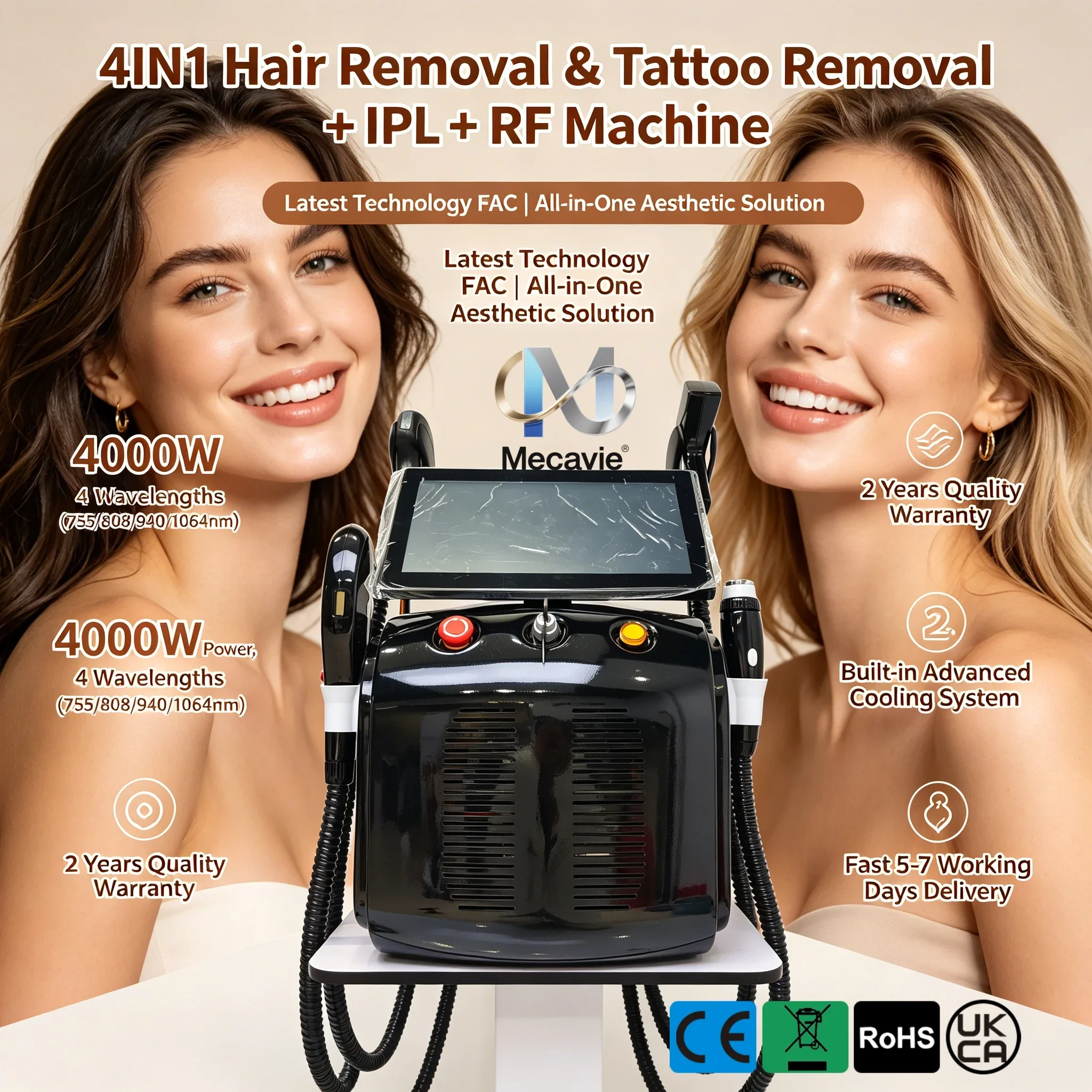MECAVIE 4-in-1 Diodenlaser Ice Platinum Diode 4-Wellenlängen-Laser ND:YAG-Gerät Schmerzfreies Haarentfernungsgerät IPL RF Image