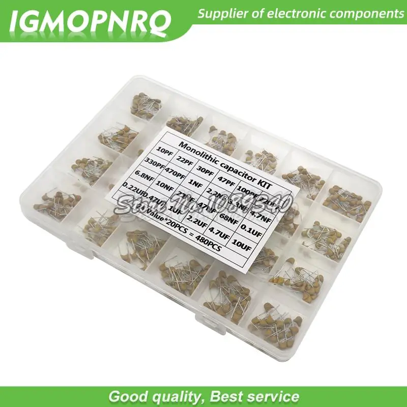 24 Werte * 20 Stück = 480 Teile/los Monolithischer Keramikkondensator 10 pF ~ 10 uF, Keramikkondensator-Sortiment-Set + BOX igmopnrq Image