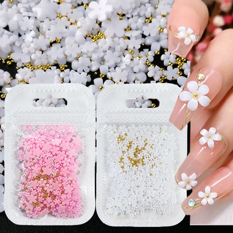 5G (450 Stück) Weiß Rosa Blüte Frühling Acryl Blume Nagel Strasssteine Gemischte Perlen 3D Blumen Nagel Edelsteine Weißes Harz Nagel Par Image
