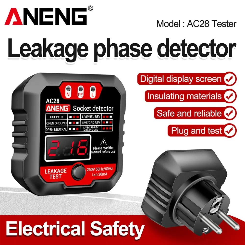 ANENG AC28 Digitaler Steckdosentester 50Hz/60Hz Steckdosen-Polaritätsdetektor Spannungsprüfer Schutzschalter-Finder EU/US-Stecker Image