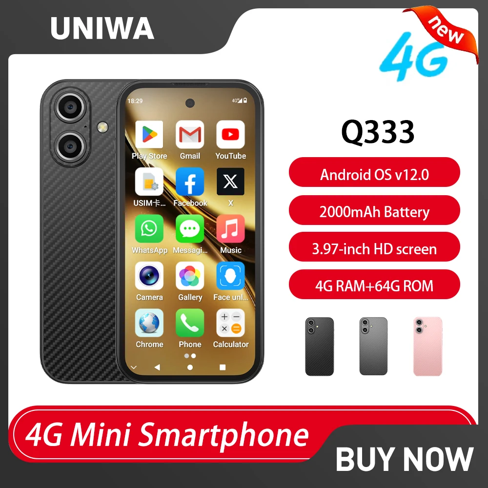 NEUES UNIWA Q333 4G 3,97 Zoll HD Mini-Smartphone 4 GB RAM 64 GB ROM 2000 mAh Mobiltelefone BT5.0 Google Play Store Face ID Kleines Telefon Image