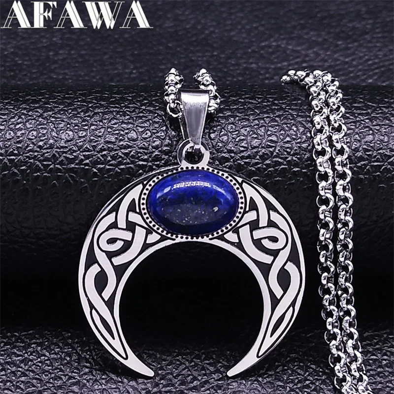 Vintage Crescent Moon Knoten Anhänger Halsketten für Frauen Edelstahl Blau Stein Silber Farbe Punk Kette Schmuck collier N7941