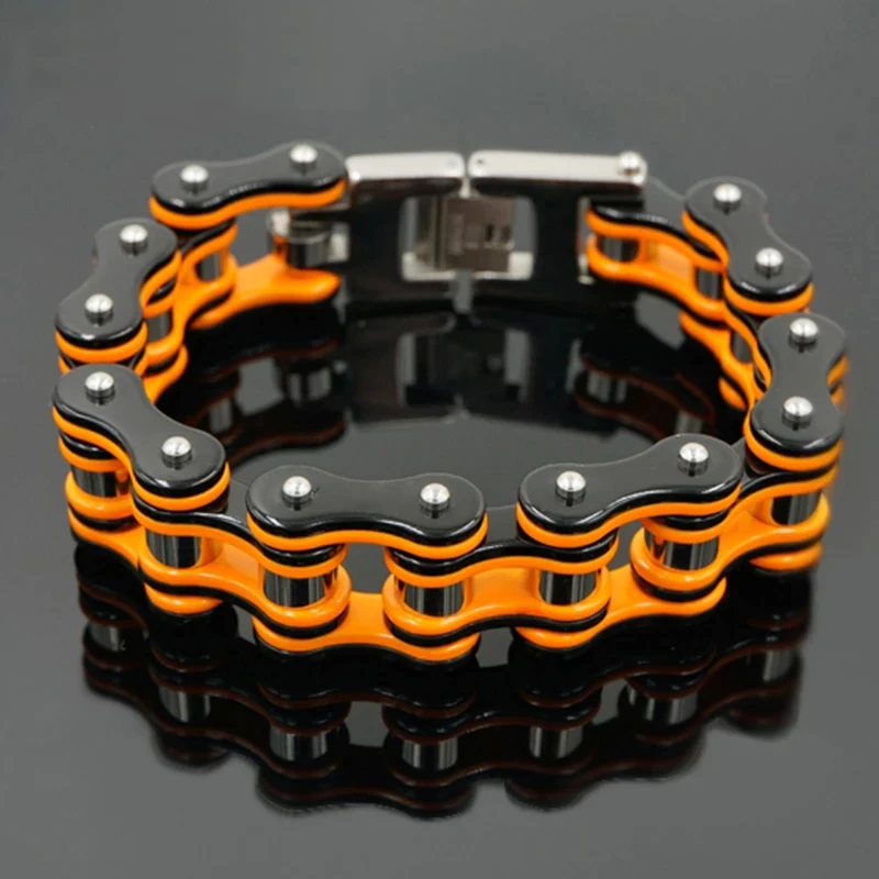 Punk Herren Orange Fahrrad Armbänder & Armreifen Schwarz Motorrad Kette Armband Männer Frauen Edelstahl Biker Handgelenk Schmuck