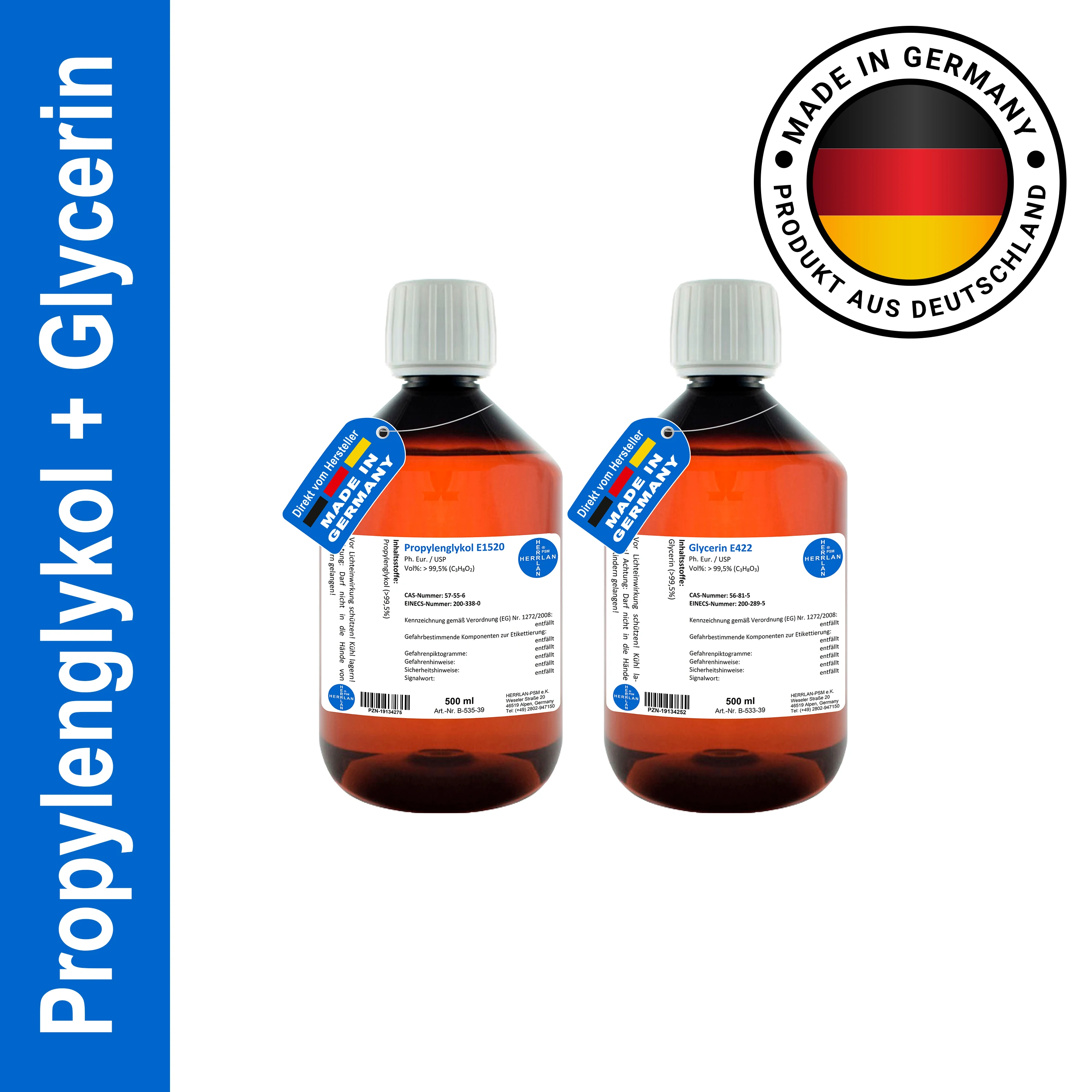 HERRLAN® Glycerin 99,5% + Propylenglykol 99,5% – 2 x 500 ml Set in höchster Pharmaqualität - Für Cremes, Lotionen & Gels Image